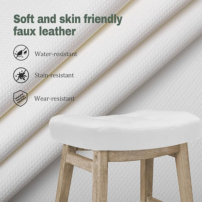 Counter Height White Bar Stools Set of 4 for Kitchen Counter Farmhouse Modern Barstools with Faux Leather Upholstered Backless Seat and Solid Wood Legs 24 inch Bar Chairs, White + Wood Color