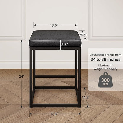 PHI VILLA Black Bar Stools Set of 3, Backless Leather Counter Height Chairs Kitchen Island Stools, 24 inch Barstools