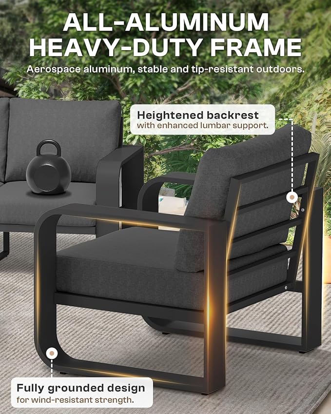 Aluminum Outdoor Patio Furniture Set 4 Piece, Oversized Patio Conversation Sets Widened Armrest & Ultra-Thick Cushions, Deep Seating Modern Sectional Furniture for Backyard, Deck, Graphite