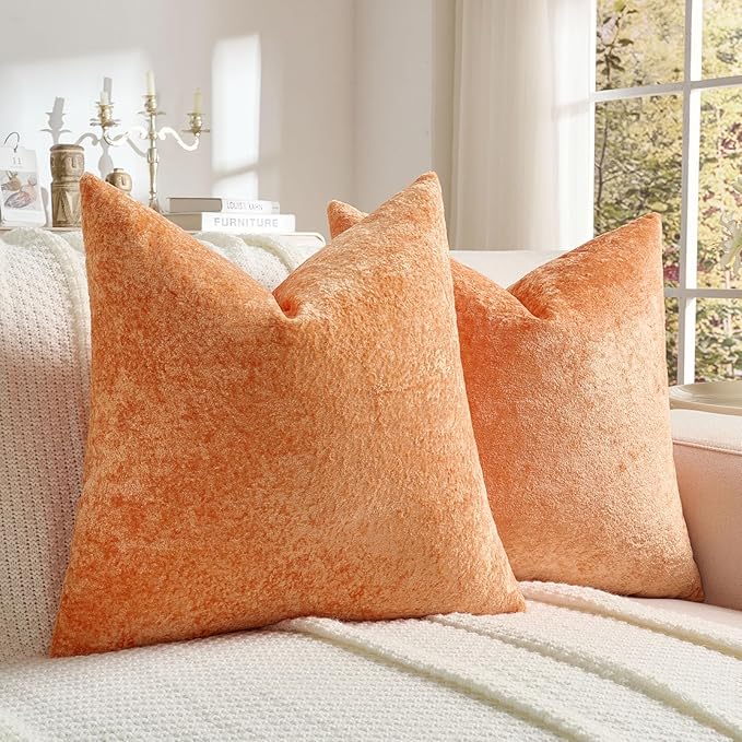 FUTEI Orange Flannel Throw Pillow Covers 24x24 Inch Set of 2,Soft Dimensional Textured European Cushion Cases,Modern Home Decor for Couch Living Room