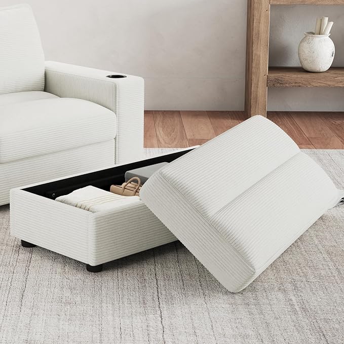 Christopher Knight Home Zoe Oversized Chaise Lounge Chair Indoor with Cup Holders & USB Charging Port, Corduroy Upholstered Sofa Bed + Ottoman with Storage, Comfy Deep Seat Sleeper Sofa Chair, Beige