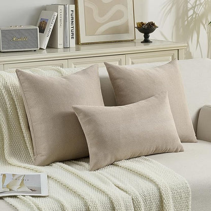 FUTEI Oatmeal Chenille Throw Pillow Covers 18x18 Inch Set of 2,Soft Wide Chevron Textured Cushion Case,Farmhouse Home Decor for Couch Bed Living Room