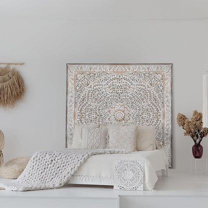 Super King Wood Headboard Rustic | Carved Full Head Board Only | Wooden Behind Bed Decor Full Size Bed | Wall Mount Wood Art | Headboard Panels (Malawi Antic, Super King)