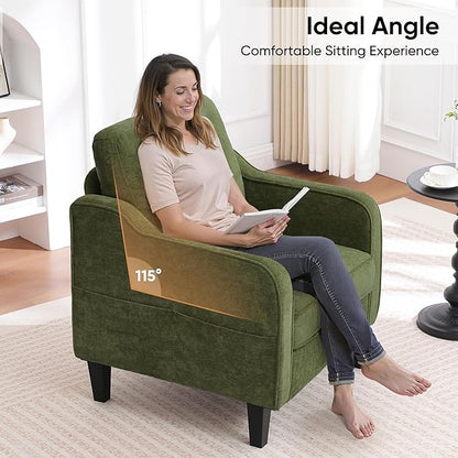 Accent Chairs Set of 2, Upholstered Living Room Chair with Side Pockets, Mid Century Modern Reading Chair for Bedroom, Comfy Armchair Single Sofa Side Chair for Office, Small Room, Olive Green