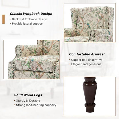 Wingback Accent Chairs Set of 2, High Back Upholstered Armchair, Printed Fabric Wingback Arms Chairs with Wood Legs, Single Sofa Reading Chair for Bedroom Living Room, Bird