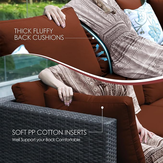 NICESOUL 6 Piece Modern Outdoor Conversation Set with Fireplace Natural Gas/Propane, 29.3'' High Back Deep Wide Seat Sofa Couches for Garden, Oversized Patio Sectionals, 2 Color Cushion Wine & Grey