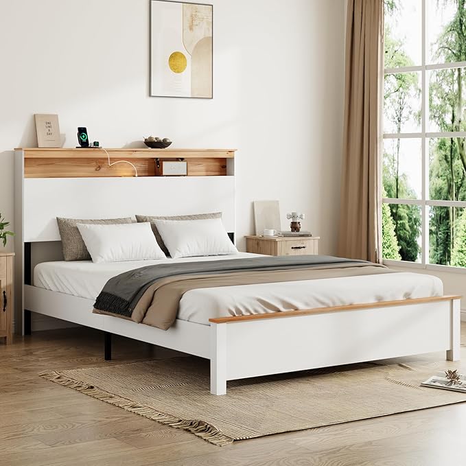 Full Bed Frame, Wood Platform Bed Frame with Storage Headboard, Charging Station, Modern Bedframe Full Size, 800lbs Capacity, Metal Slat Support, Noise-Free, No Box Spring Needed-White