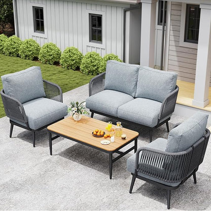 5-Piece Outdoor Patio Furniture Set All Weather 4-Seat Sofa with Coffee Table & Waterproof Thick Cushion – Patio Conversation Sets for Lawn, Balcony, Porch, Muebles para Patios Exteriores