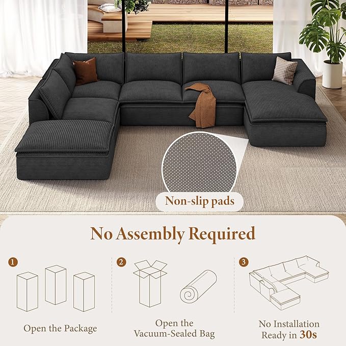 Vesgantti 141.7" Oversized Boneless Sectional Couch, Modern 7 Seater Modular Sofa with Chaise, Deep Seat Convertible Corduroy Cloud Couches for Living Room, No Assembly Required, Black
