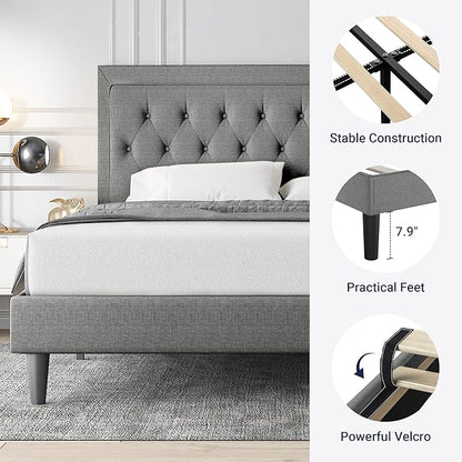 Allewie Queen Size Upholstered Platform Bed Frame with Adjustable Headboard, Button Tufted, Wood Slat Support, Easy Assembly, Light Grey