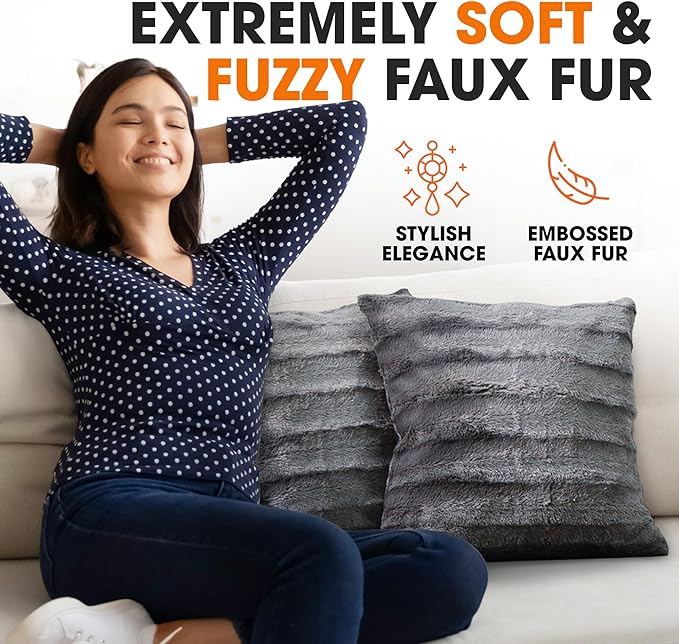 Cheer Collection Faux Fur Throw Pillows - Decorative Pillows for Couch, Bed Throw Pillows, Grey Accent Pillows for Bedroom or Living Room Aesthetic, Set of 2 Furry Throw Pillows, 16" x 16"
