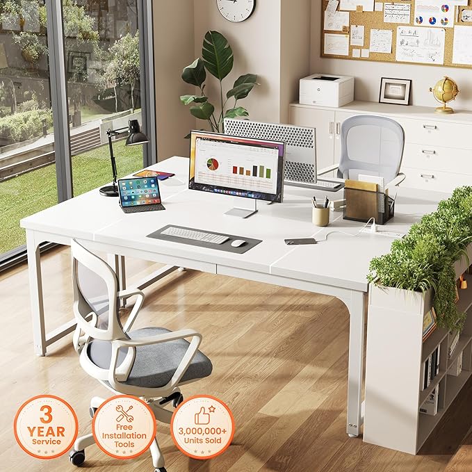 Huuger 63 x 24 inch Desk with Power Outlets & USB-C, Deeper & Thicker Desktop, Robust Metal Tubes, Computer Desk, Heavy Duty Office Desk, Work Gaming Desk, for Home Office, White