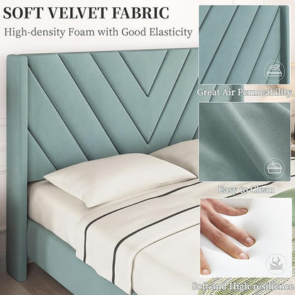 Yaheetech Queen Bed Frame Upholstered Platform Bed with Wing Side/Wooden Slat Support/Tufted Headboard with Wing Side/Mattress Foundation/No Box Spring Needed,Blue Lake Queen Bed
