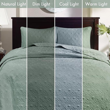 Madison Park Quebec Reversible Quilt Set Damask Design, Double Sided Stitching All Season, Lightweight Bedspread Bedding Set, Matching Sham, Seafoam, Twin(81"x110") 2 Piece