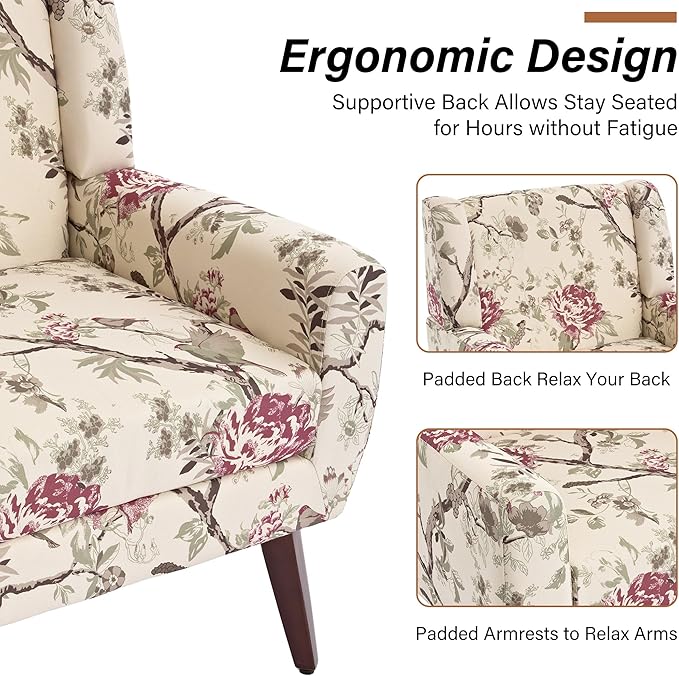 Accent Chairs Set of 2, Modern Fabric Armchairs for Living Room, Comfy Upholstered Arm Chairs Tufted for Indoor Bedroom Office Room (Pattern Floral)
