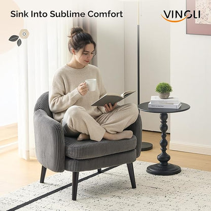 VINGLI 30.3" Wide Modern Barrel Accent Armchair with Track Armrest, Solid Wooden Legs, Comfy Upholstered Club Chair, Round Single Home Sofa for Living Room, Bedroom, Reading Room, Corduroy Grey