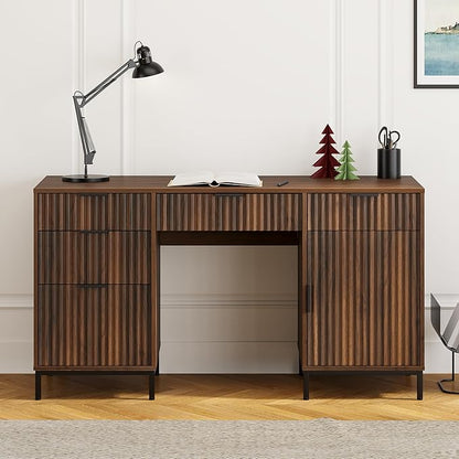 55" Fluted Executive Desk, Modern Home Office Desk with Charging Station, Keyboard Tray, File Drawer, Storage Cabinet, Wood Computer Writing Desk for Work Study Writing, Browm