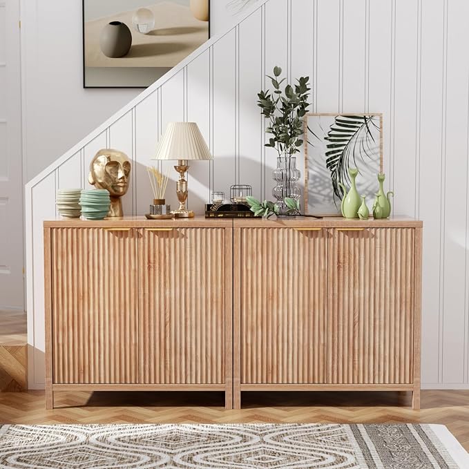 Sideboard Buffet Cabinet Set of 2, 31" Storage Cabinet with 2 Doors and Adjustable Shelves, Sideboard Console for Dinning Room, Kitchen and Living Room - Oak