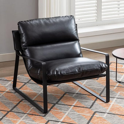 DUOMAY Mid-Century Accent Chair Armchair Set of 2, Comfy PU Leather Leisure Chair Lazy Chair with Metal Leg for Living Room Bedroom Office Apartment, Black