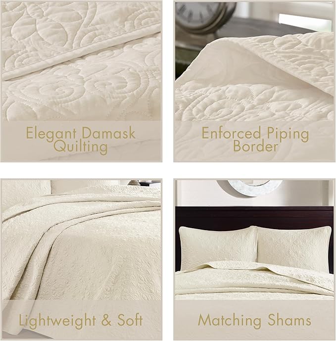 Madison Park Quebec Twin Size Quilt Bedding Set - Ivory , Damask – 2 Piece Bedding Quilt Coverlets – Ultra Soft Microfiber Bed Quilts Quilted Coverlet