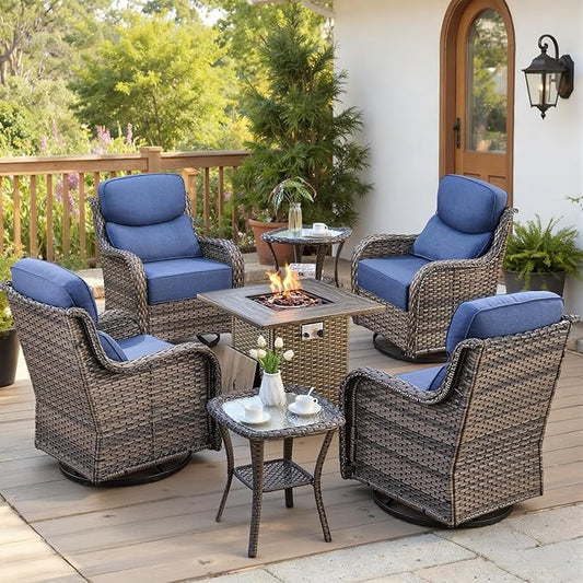 Belord Luxury 6" Thick Cushioned Outdoor Swivel Rocker Chairs Set of 4 with Fire Pit Table, High Back Wicker Patio Furniture Set with Ergonomic Zone Back, Conversation Set for Deck Porch - Grey+Blue