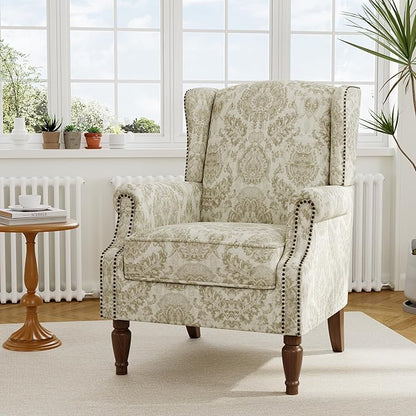 Accent Chair, Upholstered High Back Floral Armchair with Nailhead Trim & Wood Legs, Comfy Wingback Reading Single Sofa Chair for Small Spaces, Living Room, Bedroom ( Light Brown Floral, Set of 2)