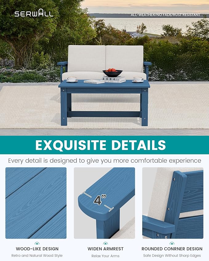 SERWALL HDPE Outdoor Patio Loveseat, Blue Frame and Khaki Cushion