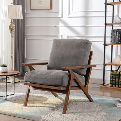 Wahson Mid Century Chair, Upholstered Accent Armchair, with Wood Frame and Canvas Cushions, Leisure Slipper Chair for Living Room/Bedroom, Grey