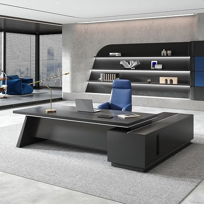 L-Shaped Black Executive Desk with Drawers, Large Modern Executive Office Desk with Storage Cabinets, Cable Box, Wide Desktop – Home Office Desk (Left, 79" L * 63" W * 30" H)