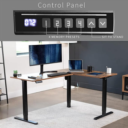VIVO Corner Standing Desk, 63 x 47 inch Reversible L-Shaped Workstation, Electric Height Adjustment, Home, Office, and Reception Rooms, Rustic Vintage Brown Table Top Black Frame, DESK-E3CTN-47