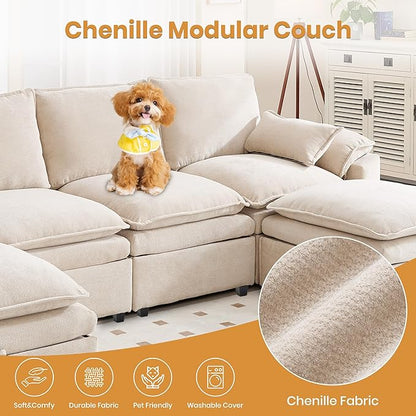 130" U Shaped Modular Sectional Sofa, Couch with Ottoman Storage, Chenille Cloud Couch with Plush Deep Seating for Living Room, Bedroom (8 Seat, Beige)