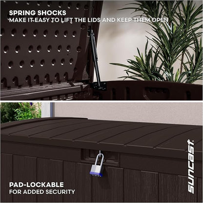 Suncast 134-Gal. Waterproof Resin Extra-Large Outdoor Patio Deck Box with Pad-Lockable Lid, Modern Outdoor Patio Bench/Storage Box for Cushions, Garden Tools, and More, Java