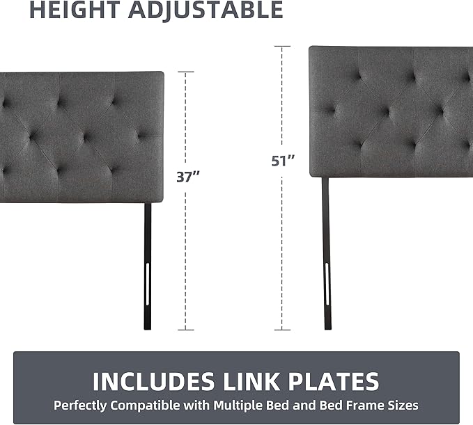 Linen Upholstered Headboard Twin Size, Diamond Tufting Solid Wood Twin XL Headboard Only, Adjustable Height from 37” to 51” Head Board, Dorm Bed Frame or Wall Mount Headboards, Dark Grey