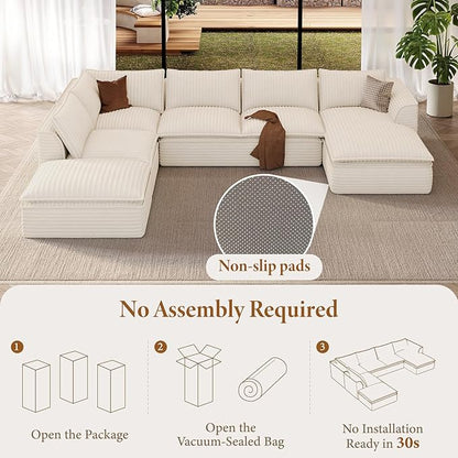 Vesgantti 204.7" Oversized Sectional Boneless Couch, Modern 9 Seater Modular Sofa with Chaise, Deep Seat Convertible Plush Corduroy Cloud Couches for Living Room, No Assembly Required, Beige