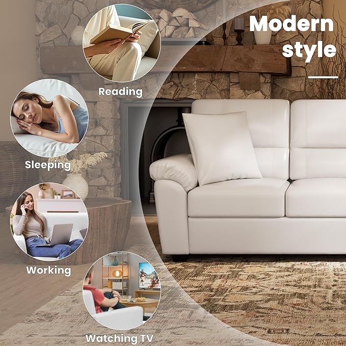 Morden Fort Faux Leather Chair, Modern Luxury Furniture with Removable and Easy Clean Cushions, Skin-Friendly Leather Accent Chairs for Living Room Apartment Office Lounge Comfy Reading Chair, White