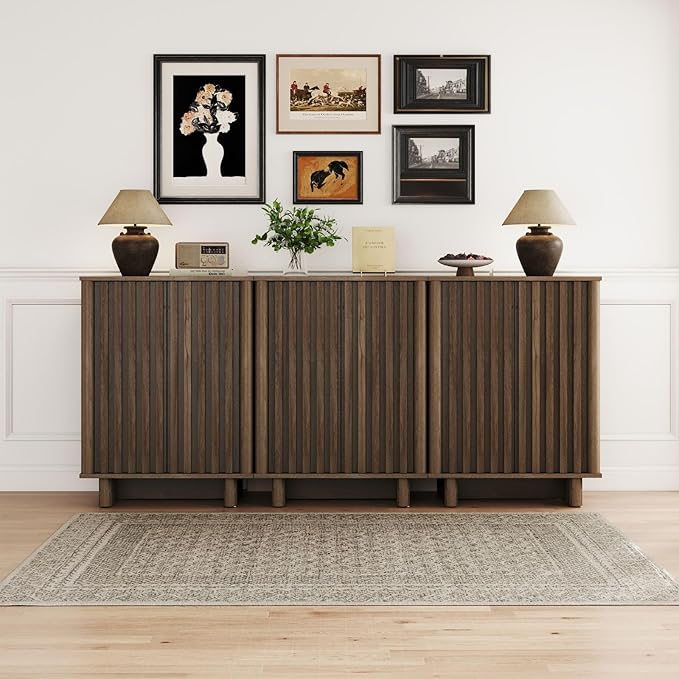 Walnut Storage Cabinet Set, Freestanding Floor Cabinet 23.6” Farmhouse Sideboard with 2 Fluted Doors Wooden Buffet Cabinet Media Console Table Credenza for Living Room Dining Room Hallway, Singe
