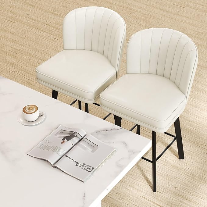Swivel Counter Height Bar Stools Set of 4, 26'' Modern Barstools with Backs and Metal Legs, Upholstered Bar Chairs, Faux Leather White Stools for Kitchen Island Chairs