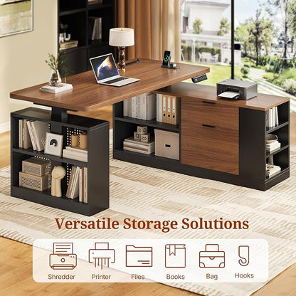L Shaped Standing Desk Adjustable Height, 53" Electric Office Desk with File Drawers & Storage Shelves, Sit Stand Corner Computer Desk with Power Outlets, Pegboard, 6 Hooks, Black & Walnut