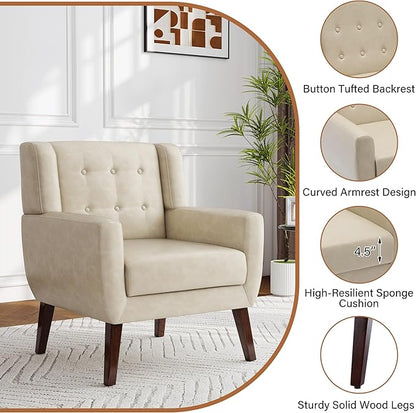 Lumibee Accent Chairs Set of 2, Modern Faux Leather Armchairs for Living Room, Comfy Upholstered Arm Chairs Tufted for Indoor Bedroom Office Room (P Cream)
