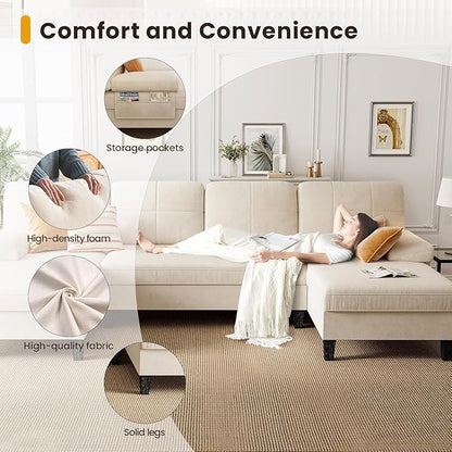 KKL Sectional Sofa Couch for Living Room, 112 Inches U Shaped Couch with Storage, Home Sofas with Chaise, Modern Comfy Couches for Apartment, Living Room Furniture, Chenille (Beige, U Shape)