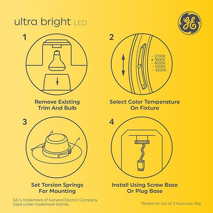 GE Ultra Bright LED Recessed Downlight Fixture, RS6 Indoor Floodlight, 6-Inch, Multiple Color Temperatures, 150 Watt Replacement (4 Pack)