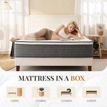 CH CHARME HOUSE Queen Mattress 10 Inch Hybrid Mattresses in a Box, Medium Feel Foam and Individual Pocket Springs, Fiberglass Free Mattress, Extra Edge Support, Pressure Relief, CertiPUR-US