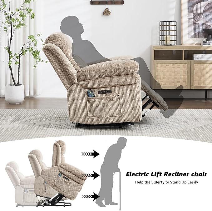 CANMOV Recliner Sofa Set, Oversize Power Lift Recliner Chair and Manual Loveseat with Overstuffed Armrest for Living Room,Bedroom Furniture,Office,1+3 Seat Light Brown