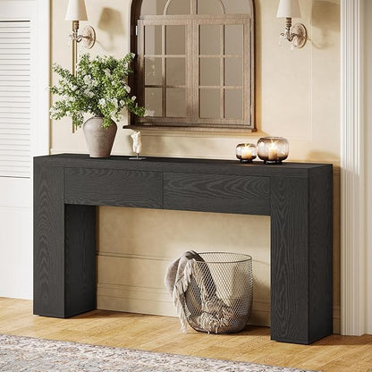 Tribesigns 63-Inch Wooden Console Table with 2 Hidden Drawers, Farmhouse Rustic Brown Sofa Table for Living Room, Hallway, Entrance, Foyer, Easy Assembly (Black)