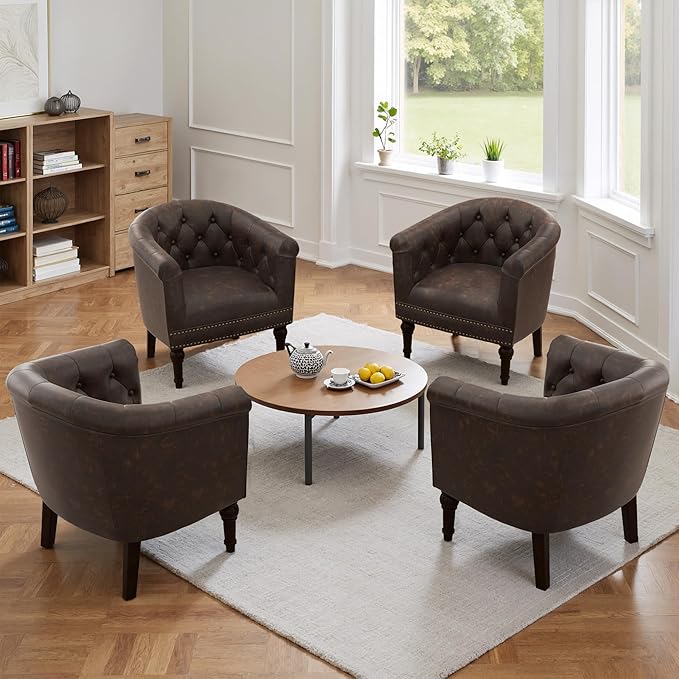 Lumibee Faux Leather Barrel Chairs, Upholstered Accent Chairs Set of 4 for Living Room, Modern Comfy Club Armchairs for Office, Bedroom, Waiting Room-Chocolate