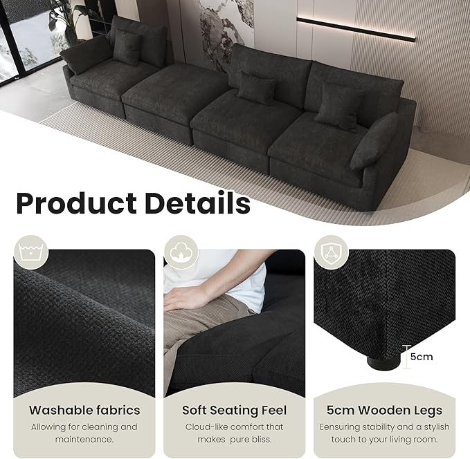 Modular Cloud Sofa, 192" Cloud Sectional Couches with Deep Seat,Down Filled Linen U-Shape 8-Seater Couch with Ottoman for Living Room, Washable Cover, Wide Armrest in Black