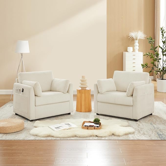 Modern Corduroy Accent Chairs, 38" W Comfy Armchair with Soft Pillows and Side Pockets, Single Reading Chairs for Living Room, Bedroom, Apartment, Beige