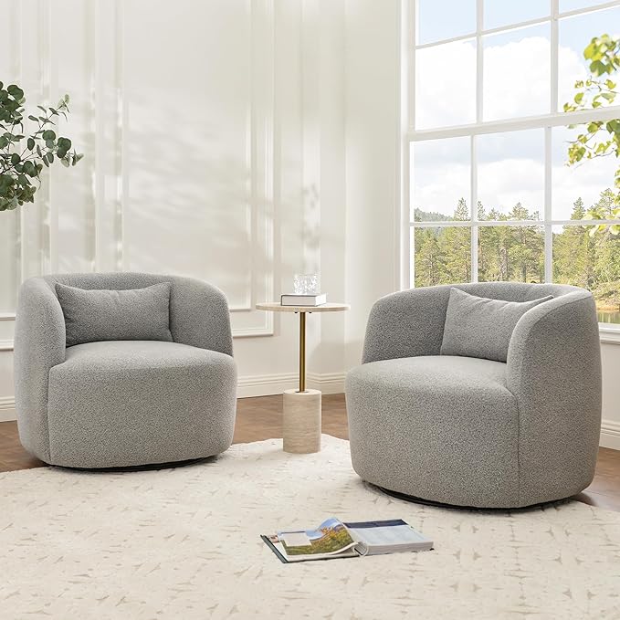 KINWELL 34" Wide Sherpa Swivel Barrel Chairs Set of 2, No Assembly Round Boucle Upholstered Accent Chairs Armchairs Single Sofa Chair with Toss Pillow for Living Room and Bedroom, Gray