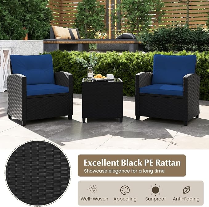 Tangkula 3 Piece Patio Furniture Set, Rattan Conversation Set w/Soft Seat & Back Cushions, Tempered Glass Topped Coffee Table, Cushioned Wicker Seating Set for Backyard, Porch, Poolside