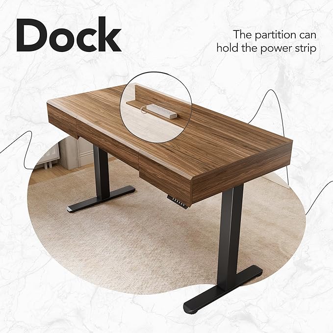 HUANUO Standing Desk with 3 Drawers, 48 Inch Electric Adjustable Height Desk with Storage, Whole-Piece Board Stand Up Desk for Home Office, Black Walnut